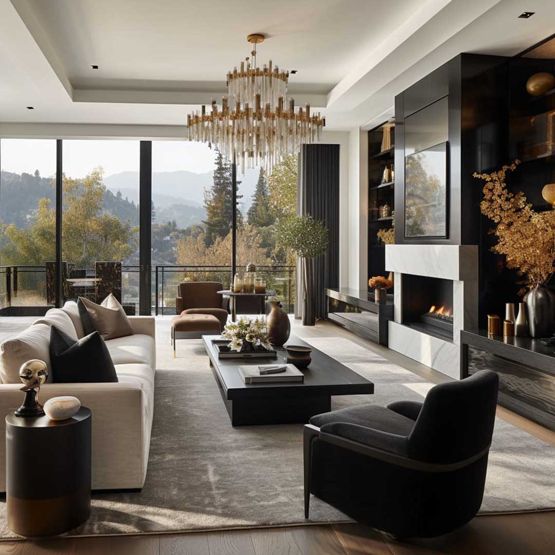 Sala clásica moderna con libreros empotrados